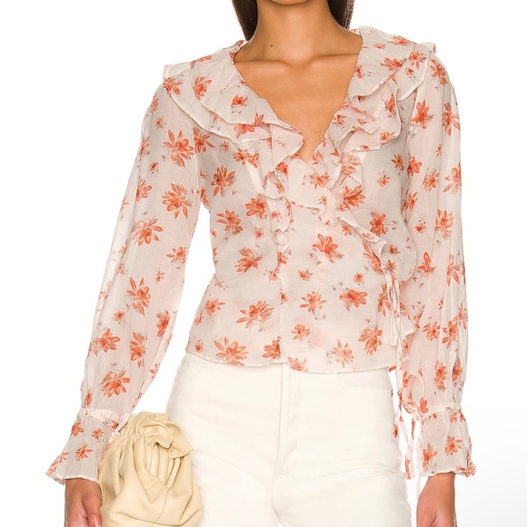 Free People NWT Floral Romantic Cottage Core Orange/White Ruffle Wrap Top XS/S - Picture 12 of 16
